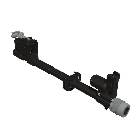 Black metal linkage mechanism on a gray background