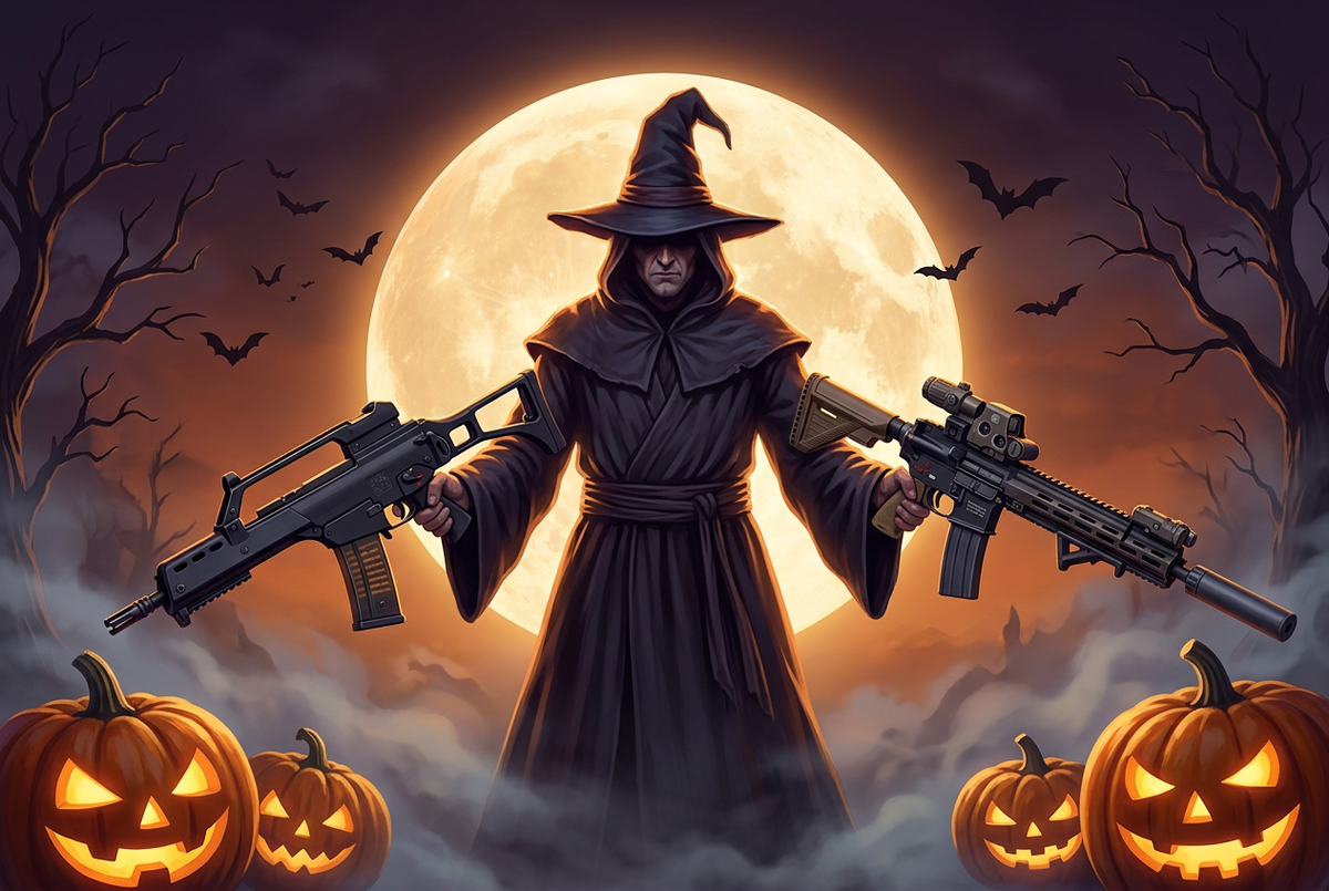 Halloween banner with a wizard holding a G36 and a G95K