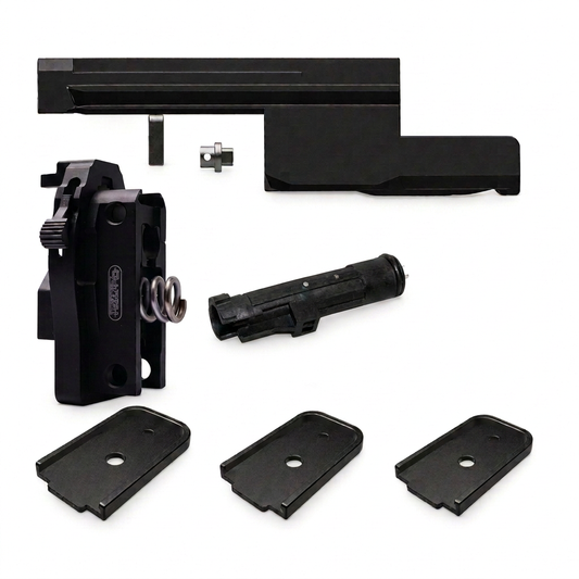 VFC MP7 Juggernaut Kit CQB with enlarged backplate assembly on the left, loading nozzle, bolt carrier and three magazine base plates