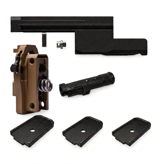 VFC MP7 Juggernaut Kit CQB with RAL8000 FDE0009 backplate assembly on the left, bolt carrier, loading nozzle and three magazine base plates